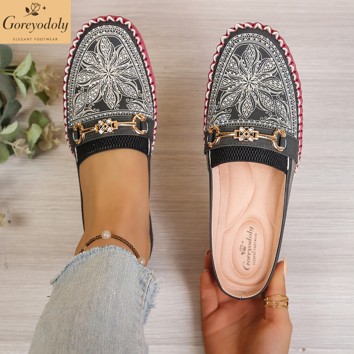 Embroidery Shoes - Goreyodoly women mule flats rhinestone cutout