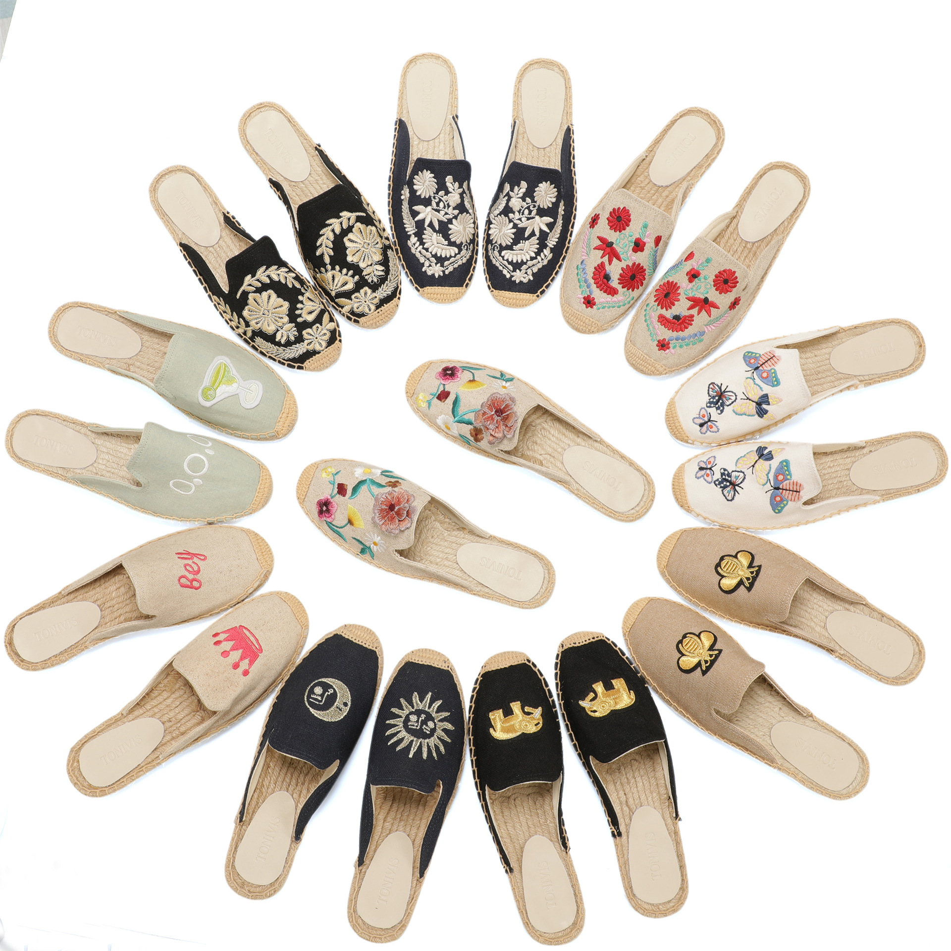 Embroidery Shoes - Women Floral Embroidered Espadrilles Slippers Linen