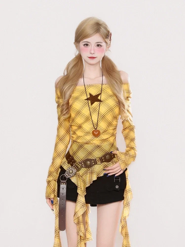 Y2K Plaid Slash Neck Vintage T - Embroidery Shirt incelemesi ve fiyatı