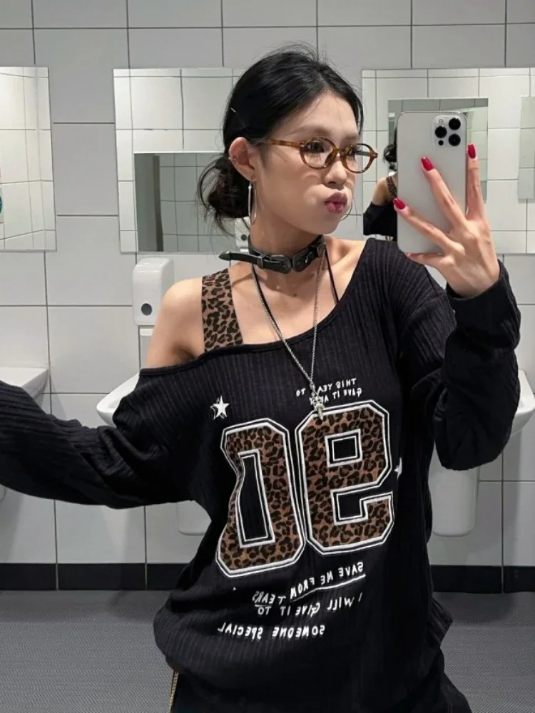 Y2K Patchwork Leopard Print T- - Embroidery Shirt incelemesi ve fiyatı