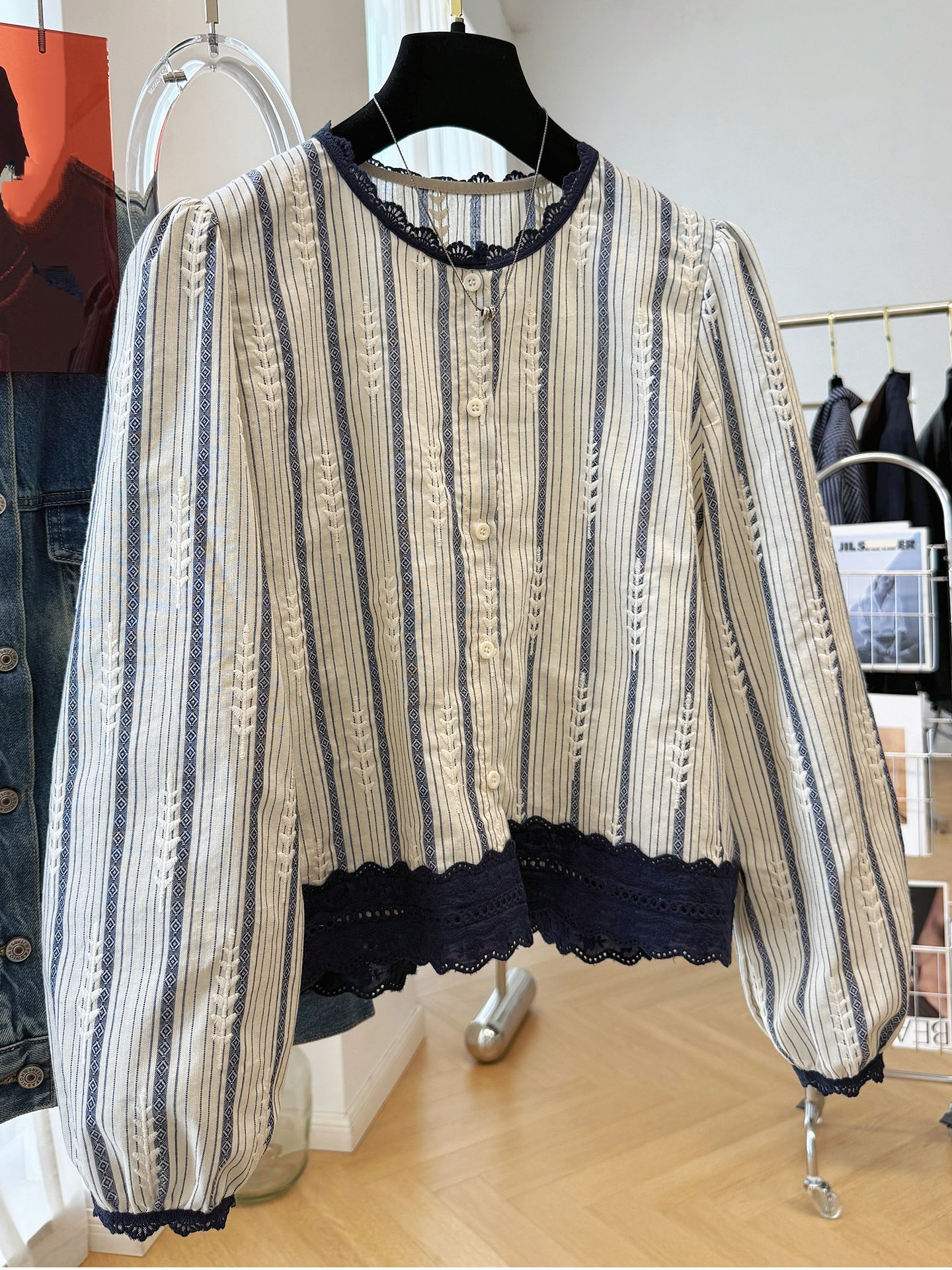 Women's Striped Lace Trim Blou - Embroidery Shirt incelemesi ve fiyatı