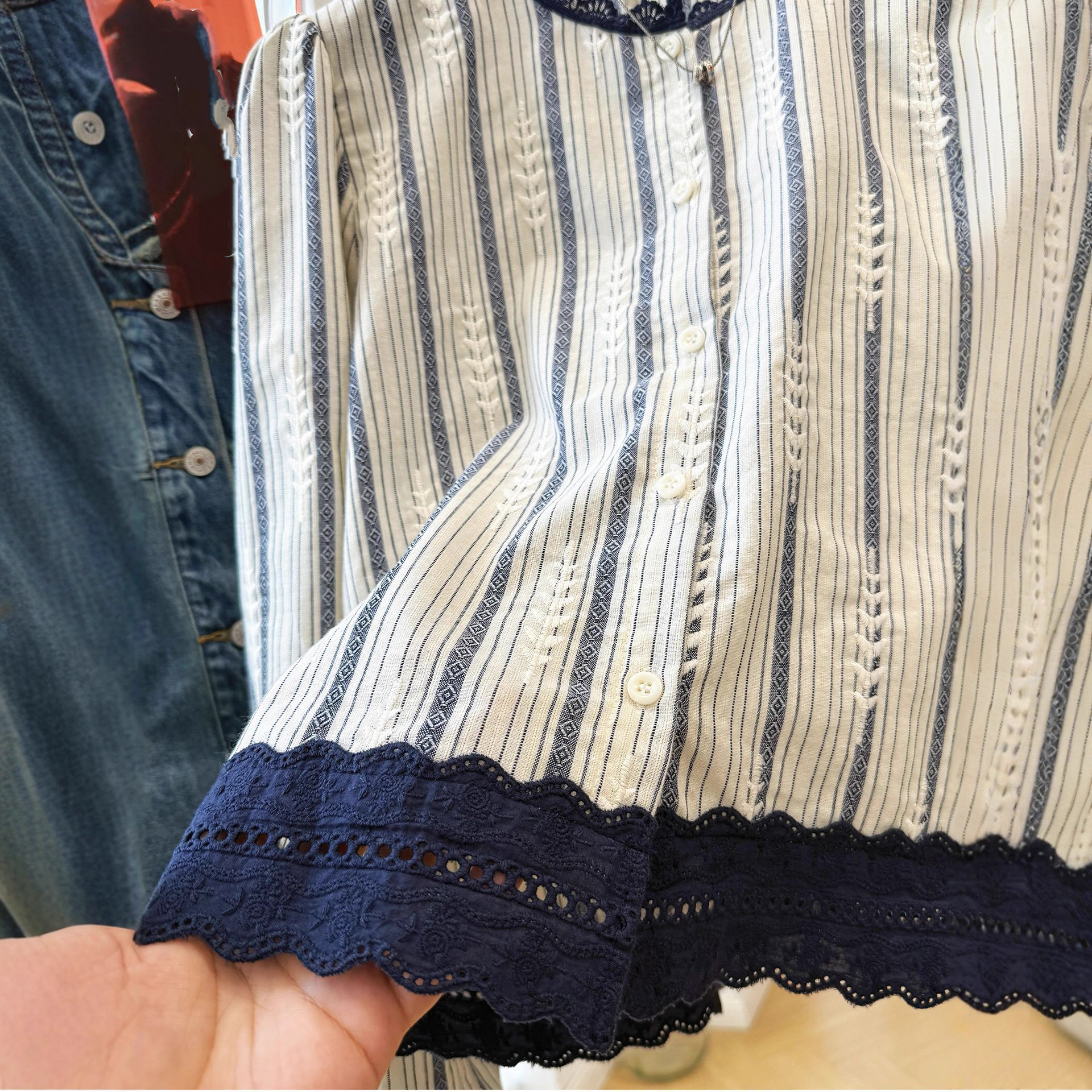 Women's Striped Lace Trim Blou - Embroidery Shirt incelemesi ve fiyatı