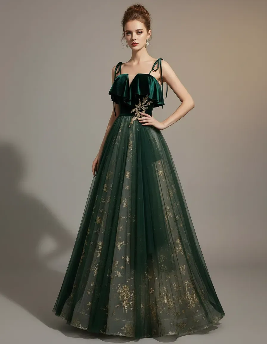 Emerald Green Velvet Top Tulle - Embroidery Gold incelemesi ve fiyatı