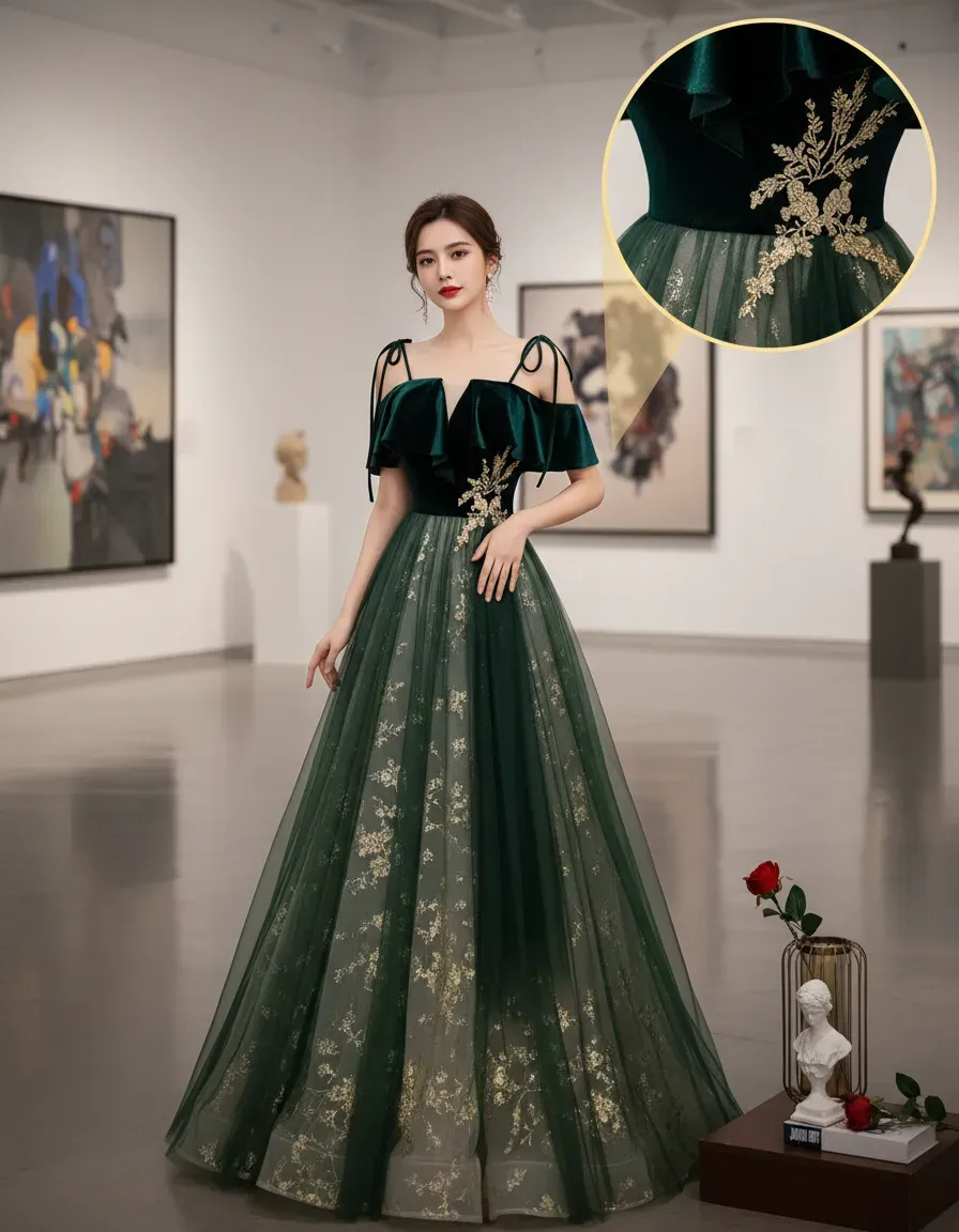 Emerald Green Velvet Top Tulle - Embroidery Gold incelemesi ve fiyatı