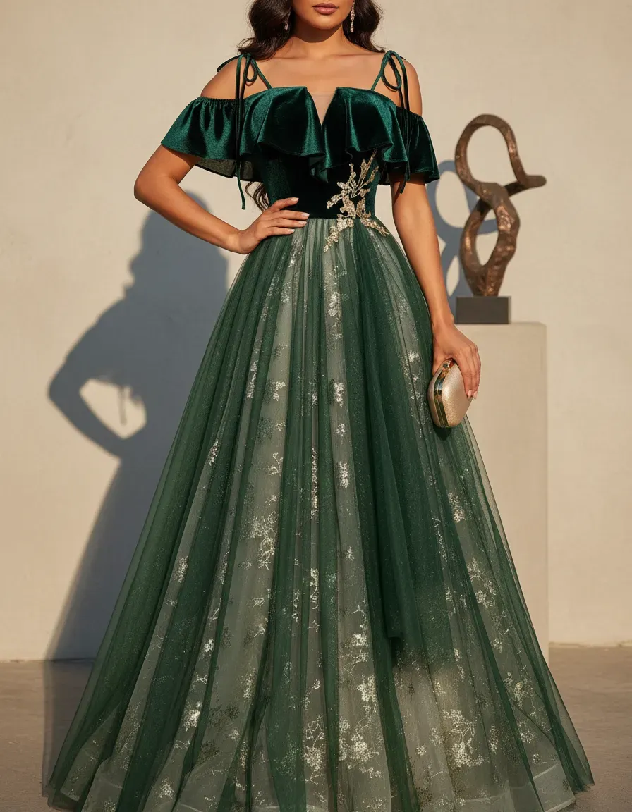 Emerald Green Velvet Top Tulle - Embroidery Gold incelemesi ve fiyatı