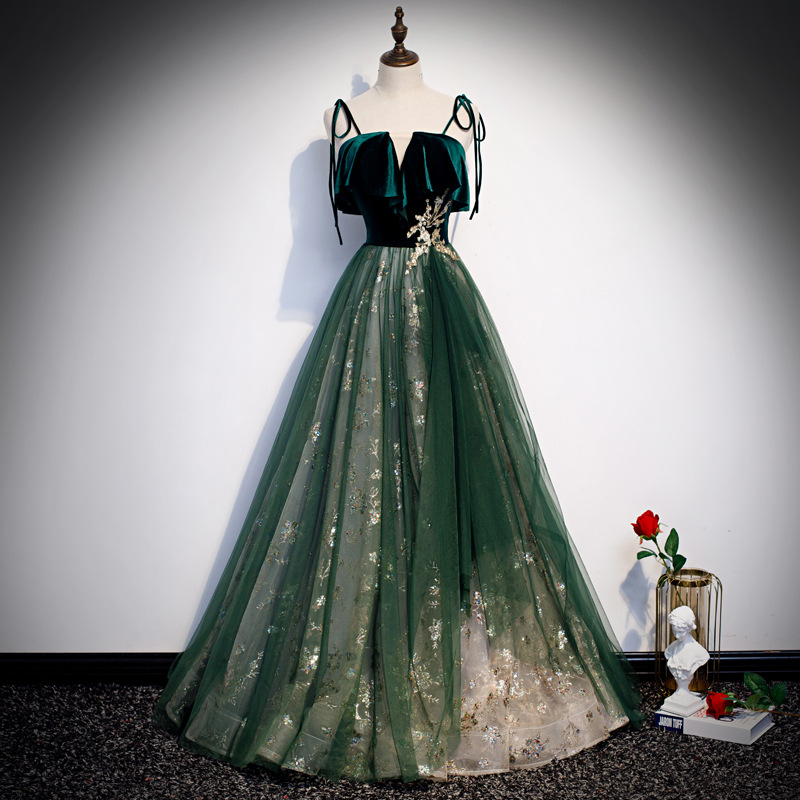 Emerald Green Velvet Top Tulle - Embroidery Gold incelemesi ve fiyatı